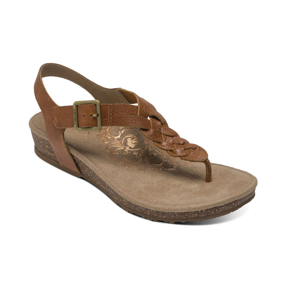 Aetrex Women's Harper Adjustable Slingback Thong Sandals - Cognac | USA 5URRV7G